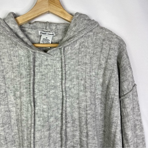 Sweet Romeo Heather Light Grey Ribbed Knit Hooded Sweater M - Picture 3 of 4